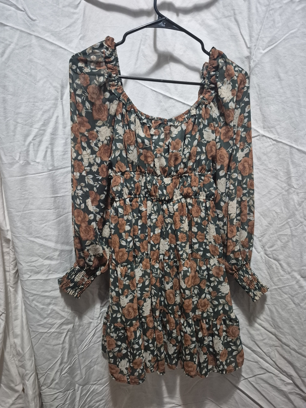 Floral Smocked Waist Long Sleeve Dress - Green and Brown